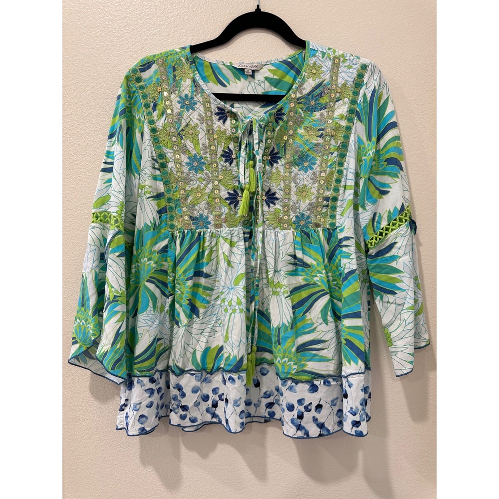 John Mark Small Fairy Floral Embroidered Tassel Peasant Blouse Blue Green Boho